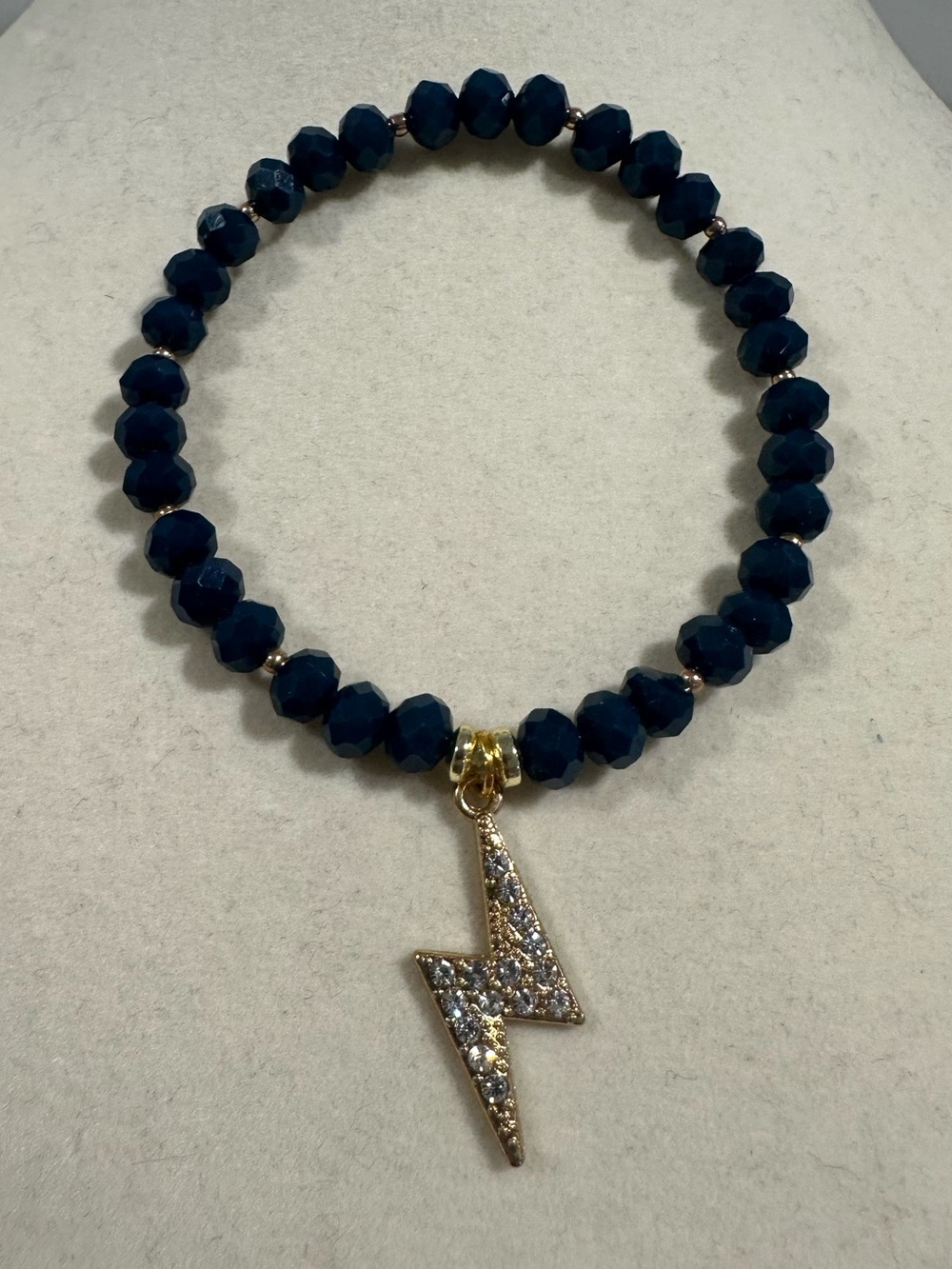 Handmade Gold Lightning Bolt Charm Navy Blue Beaded Stretch Bracelet | Boho Gift
